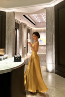 VOGSION Aureline champagne gold petite halter maxi dress side view