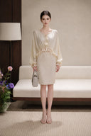 VOGSION Aveline champagne reversible satin blouse and ivory sequin pencil skirt, front view