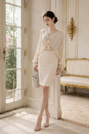 VOGSION champagne reversible satin blouse and ivory sequin pencil skirt in natural light