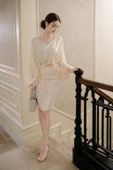 Aveline reversible satin blouse worn with scoop neck and ivory sequin pencil skirt