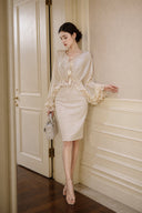 Champagne tie-neck satin lace blouse with ivory sequin pencil skirt by VOGSION