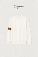 Back flat lay of Aveline ivory wool sweater showing left-sleeve stripes