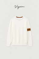 Front flat lay of Aveline ivory wool crewneck sweater with caramel sleeve stripes