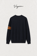 Back flat lay of Aveline navy wool sweater showing left-sleeve stripes
