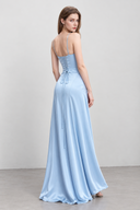 Back view of Avelise light blue maxi dress showing lace-up ties