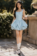 VOGSION baby blue square-neck bubble mini dress, front view