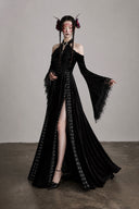 Midnight Black Gothic velvet maxi dress with adjustable front lacing and high slit