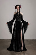 VOGSION Belladonna Midnight Black velvet lace bell-sleeve Gothic maxi dress, front view