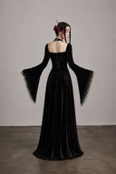 VOGSION Belladonna Midnight Black velvet Gothic maxi dress, back zipper view