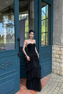 VOGSION Aveline black corset-inspired tiered ruffle maxi dress