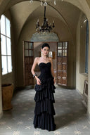 VOGSION Aveline black strapless tiered ruffle maxi dress, front view