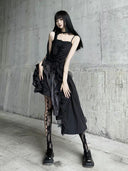 Black asymmetric Gothic dress angled side view