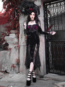 Long Gothic dress with black lace sleeves and burgundy bodice