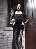 Burgundy and black Gothic maxi dress outdoor view