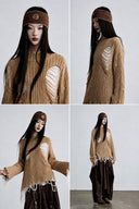 Detail collage of camel distressed knit sweater and fixed contrast knit panels