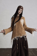 Camel distressed cotton knit sweater with flared sleeves and fringed raw hem