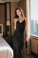 Vogsion Celeste Black formal wedding guest dress with a cowl neck and no skirt slit