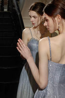 Ice blue glitter prom dress embellished neckline and fixed spaghetti strap detail