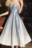 VOGSION Celestial Mirror ice blue silver glitter A-line prom dress, front view