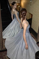 Silver ice blue A-line evening gown with full skirt, side and back view