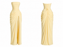 Front and back product view of the Vogsion Cyra Asymmetrical Draped Maxi Dress in butter yellow featuring a strapless corset, asymmetrical draping, lace-up back and thigh-high slit on a white background.