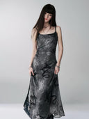 Long Gothic dress front view with gray black pattern