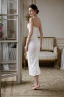 White spaghetti-strap satin lace midi dress by VOGSION, back and side view