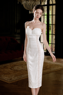 VOGSION Eirene white satin lace midi dress with shell-pleated bust, front view