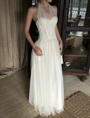 Vogsion Elara white fairy corset maxi dress detail on real customer, designed with shortened hem and raised waist for petite proportions