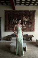 Mint green floral jacquard wedding guest dress with a flattering silhouette for petite women attending formal celebrations.