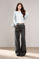 VOGSION Elina powder blue petite faux-layer top with white inset, full-length model view