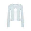 VOGSION Elina powder blue petite faux-layer long sleeve top with white inset, front product view on white