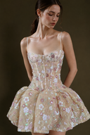 VOGSION Élodie Blush Pink petite floral sequin corset bubble mini dress front view