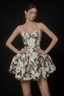 VOGSION Élodie Garden Green petite floral sequin corset bubble mini dress studio front view