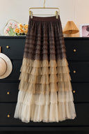 Front product view of the VOGSION Elowenne brown ombre tiered tulle maxi skirt
