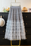 Front product view of the VOGSION Elowenne grey ombre tiered tulle maxi skirt
