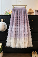 Front product view of the VOGSION Elowenne purple ombre tiered tulle maxi skirt