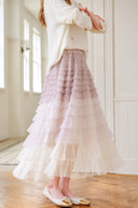 Side detail of the VOGSION Elowenne purple ombre tiered tulle maxi skirt