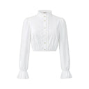 VOGSION Elowyn white cotton cropped blouse with ruffle collar, front buttons and flared cuffs