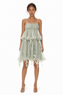 Vogsion Emerald Oz Fairy Garden Tulle Mini Dress in sage green with ruffle tulle layers and leaf appliqué, front view on white background