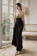 VOGSION Gilded Nocturne black and gold embellished strapless maxi dress, full front view