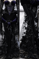 Detail view of Gothic corset top and separate floral applique maxi skirt