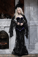 Black and purple Gothic corset top with separate floral maxi skirt, front view
