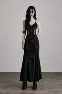 Model wearing the VOGSION Iron Veil black Gothic hardware side-slit maxi dress in a full-length front view.