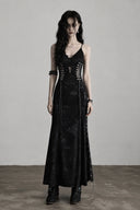 Full-length front view of the VOGSION Iron Veil black Gothic maxi dress with adjustable slim straps and a fitted silhouette.