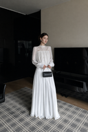 VOGSION Isolde white high-neck cotton lace maxi dress in a full-length front view, available in Petite and Regular.