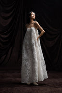 VOGSION ivory textured A-line maxi dress, full front view