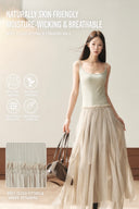 Khaki petite maxi dress feature guide showing breathable comfort and shape-retaining waist construction