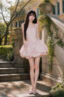 VOGSION light pink square-neck bubble mini dress, front view