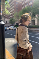 Side and back view of the Marlowe petite contrast-collar sweater in Oatmeal & Cocoa